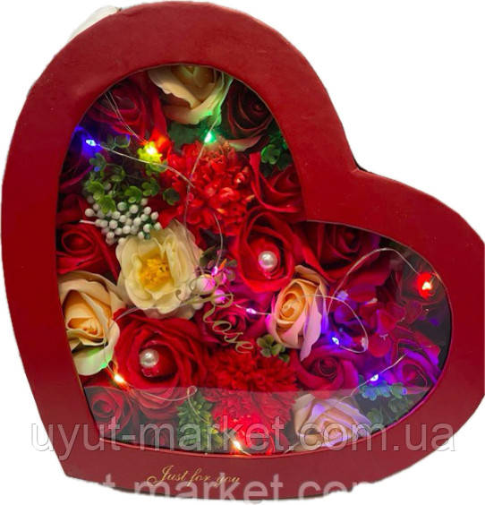Подарункове "Серце з квітами з мила" LED/ мильні квіти/ квіти з мила в серці, фото 1