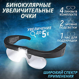 Окуляри лупа збільшувальні з підсвіткою, зі змінними лінзами у футлярі EGP PROever + 4 насадки 1,5х2,5х3,5х5,0