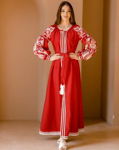 Сукні українська вишиванка червоні в підлогу, Красива вишита сукня Червоне плаття з довгими рукавами