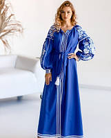 Синее Платье в пол рукав длинный з белой вышивкой, Вечерние платья в украинском стиле