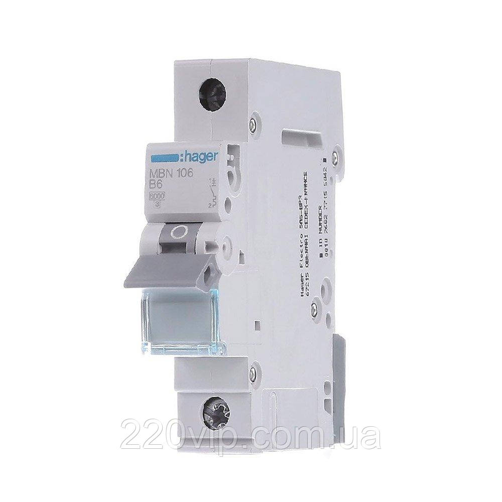 Автоматичний вимикач HAGER однополюсний 1P 6А B, MB106A, Хагер модульний автомат для щитів і боксів, фото 1