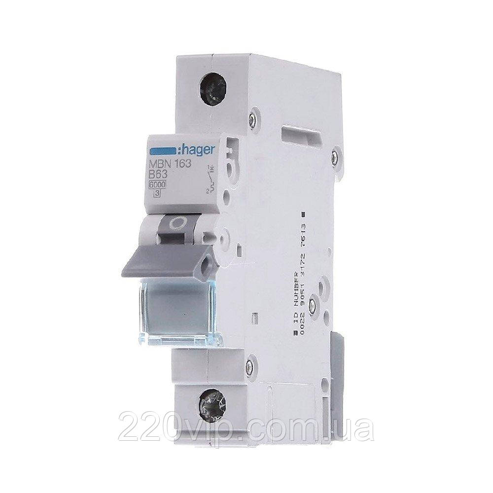 Автоматичний вимикач HAGER однополюсний 1P 63А B, MBN163, Хагер модульний автомат для щитів і боксів, фото 1