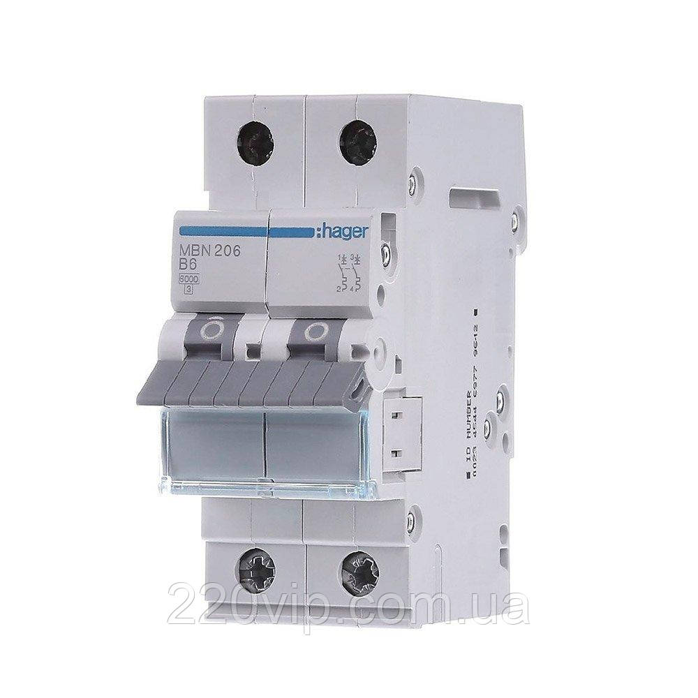 Автоматичний вимикач HAGER двополюсний 2P 6А B, MBN206, Хагер модульний автомат для щитів і боксів, фото 1