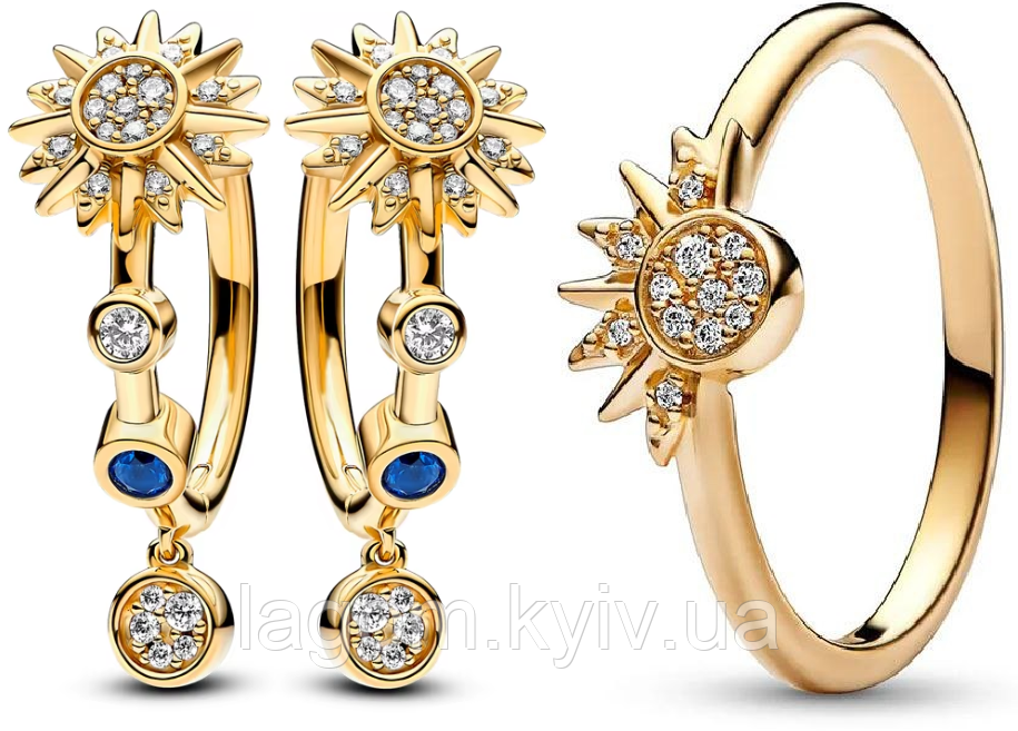 Комлект срібних прикрас в стилі PANDORA 925 проба золотисті сережки і каблучка Sun Сонце ПАНДОРА, фото 1