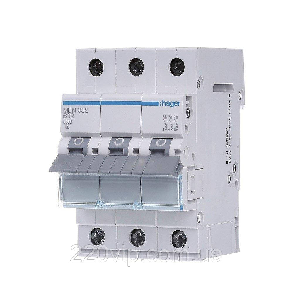 Автоматичний вимикач HAGER триполюсний 3P 32А B, MBN332, Хагер модульний автомат для щитів і боксів, фото 1