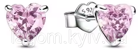 Срібні сережки-пусети в стилі PANDORA 925 проба кульчики-гвоздики з рожевими сердечками ПАНДОРА