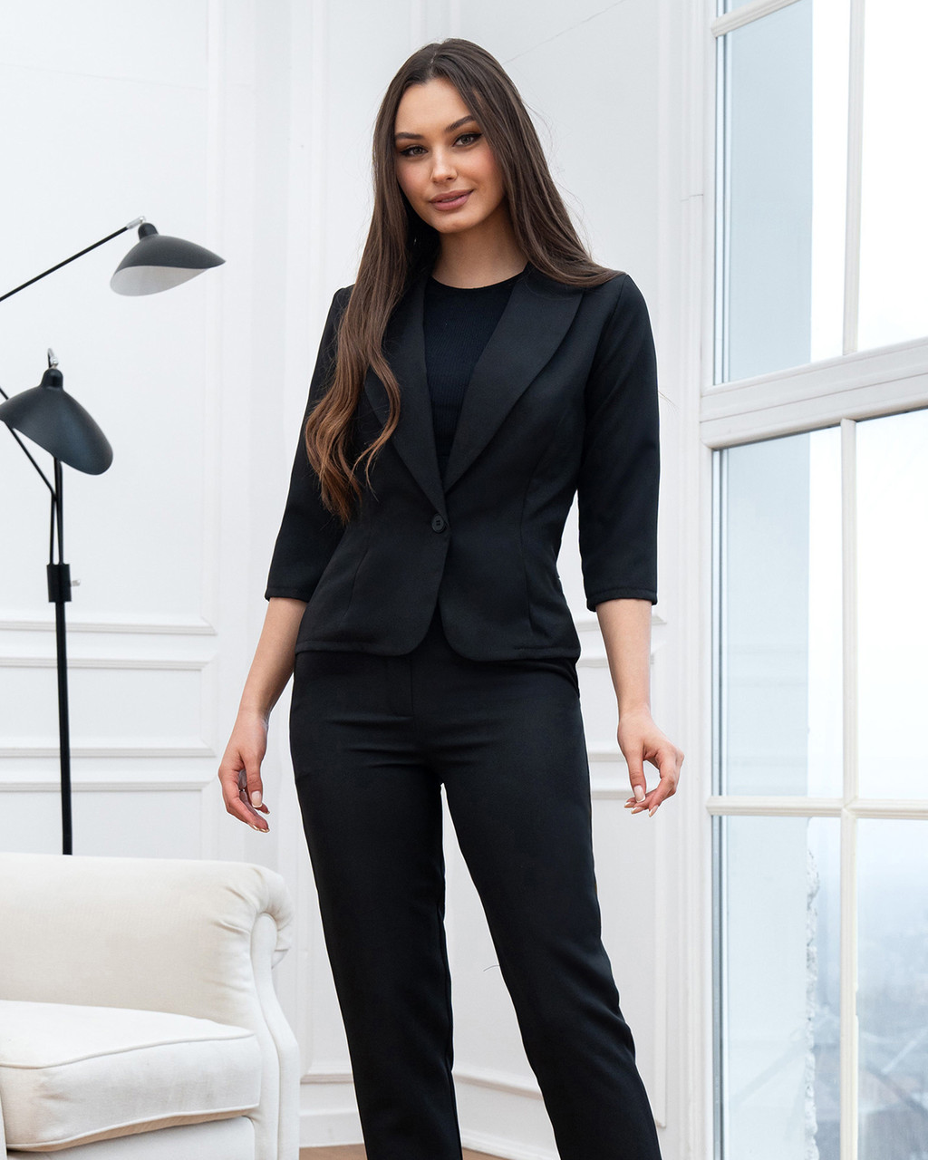 Молодіжний класичний приталений брючний костюм-двійка Melage, чорний, фото 1