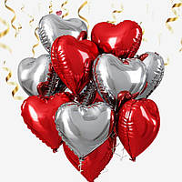 Фонтан із фольгованих кульок сердечок Червоний та срібло 45 см 10 шт для фотозони Серце