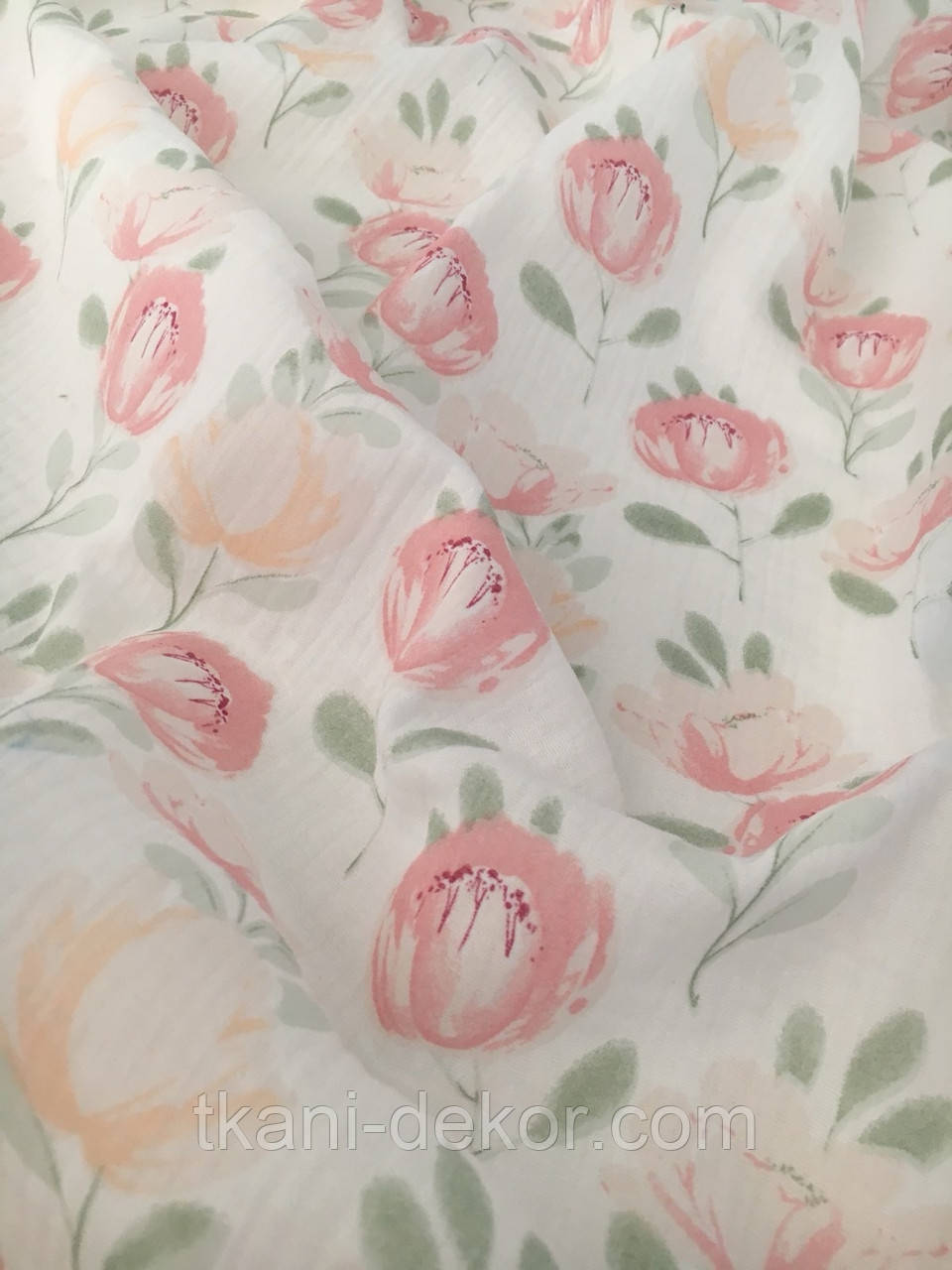 Муслін (жатка 1,35 м) тюльпани рожеві і кремові, 135см, фото 1
