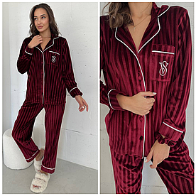 Жіноча піжама тепла Victoria's Secret сорочка і штани (Вікторія Сікрет) оксамит бордова