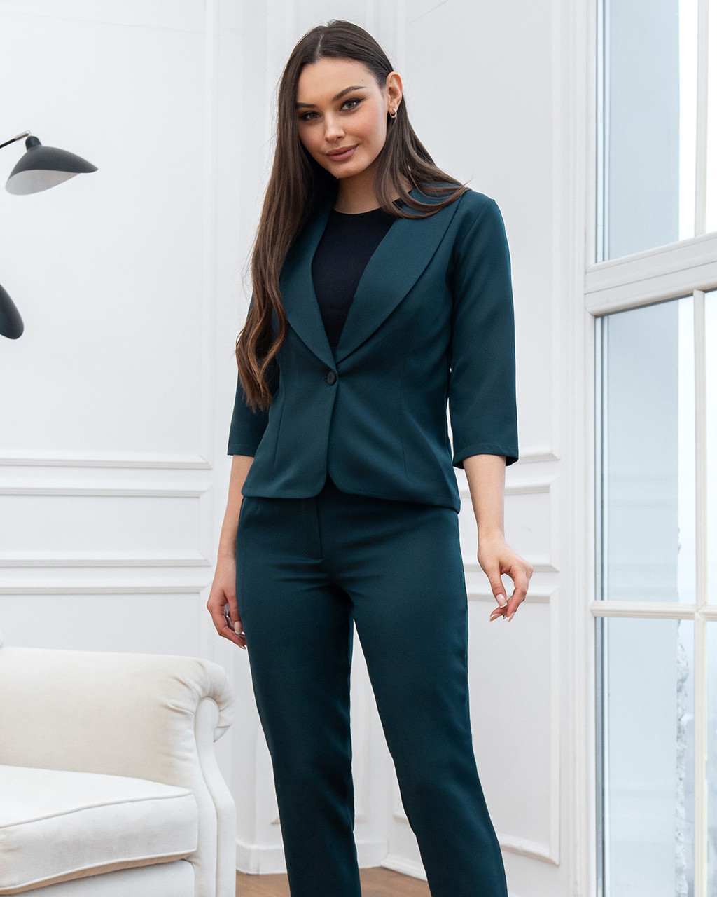 Молодіжний класичний приталений брючний костюм-двійка Melage, темно-зелений, фото 1