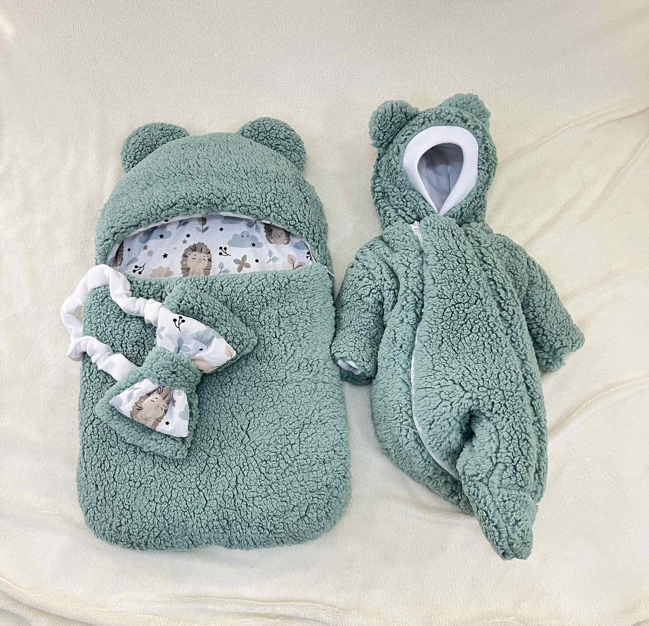 Комплект Тедді для новонароджених, спальник та комбінезон колір шавлія, фото 1