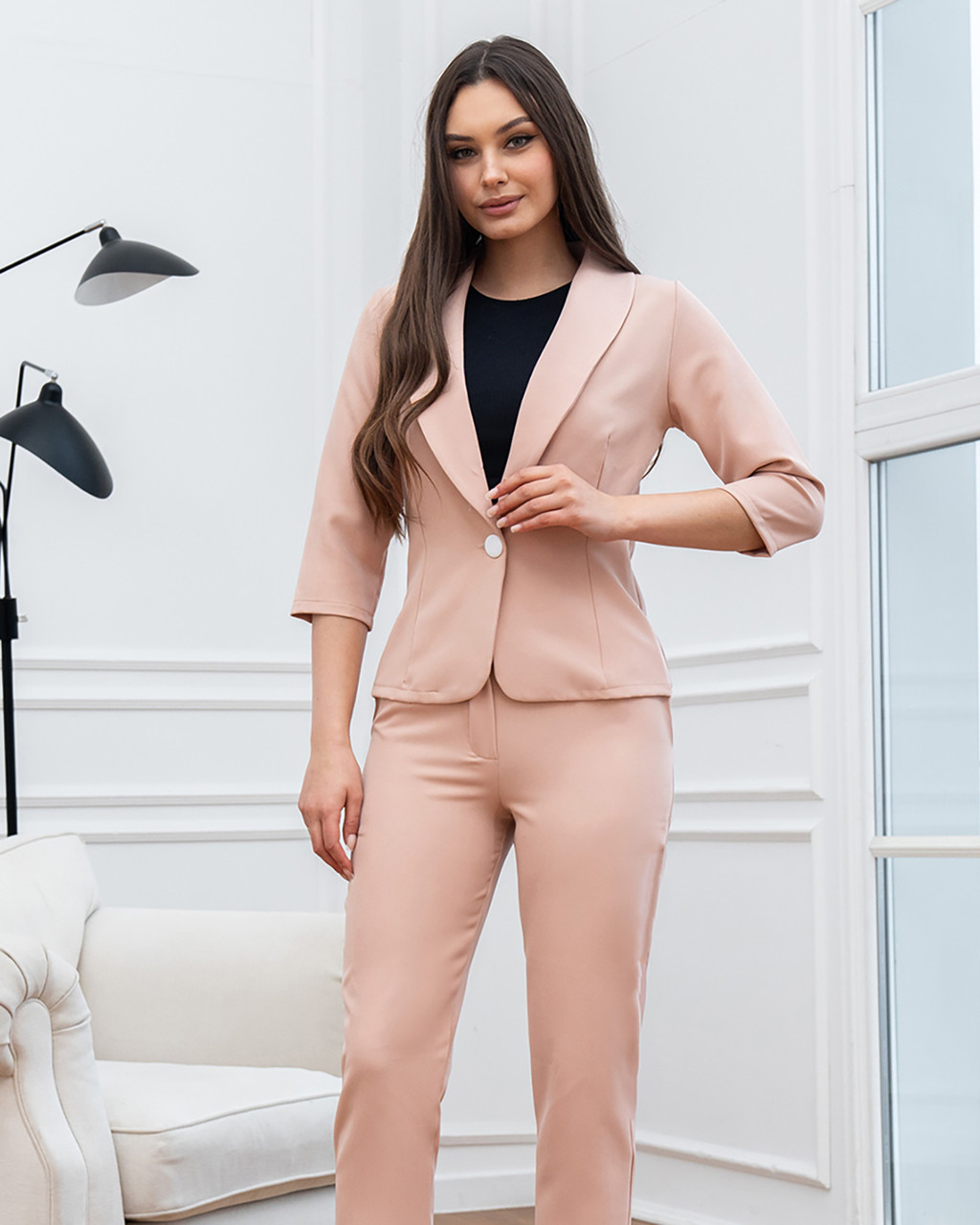 Молодіжний класичний приталений брючний костюм-двійка Melage, бежевий, фото 1