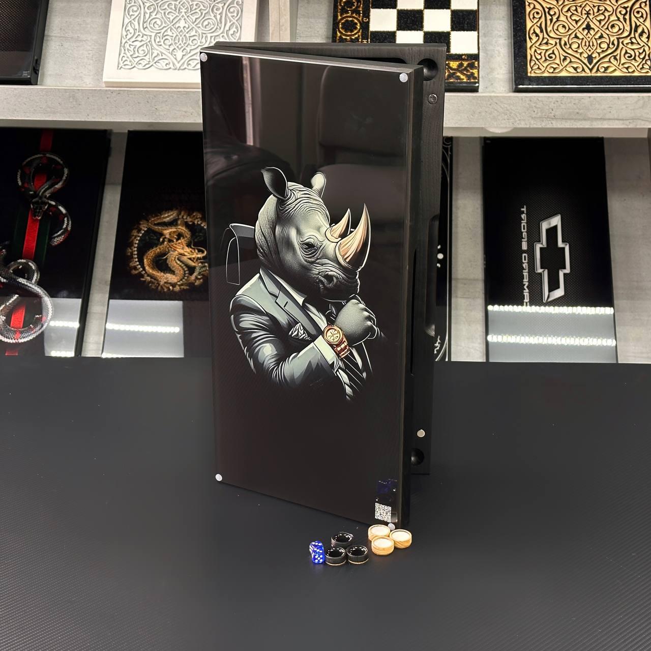 Нарди скляні з дерев'яним корпусом Носоріг 50×24×6см на подарунок, фото 1