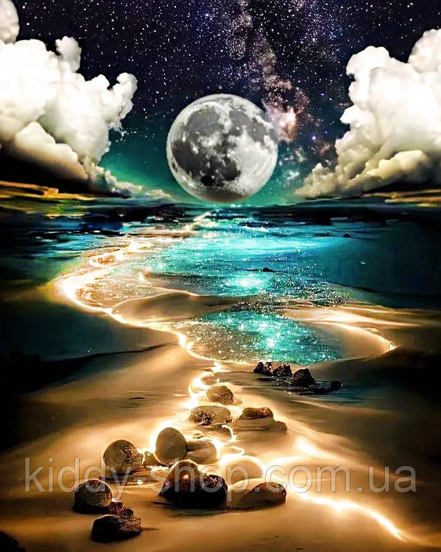Діамантова вишивка. Картина на підрамнику "Лазурна ніч", 40х50см, круглі стрази, фото 1