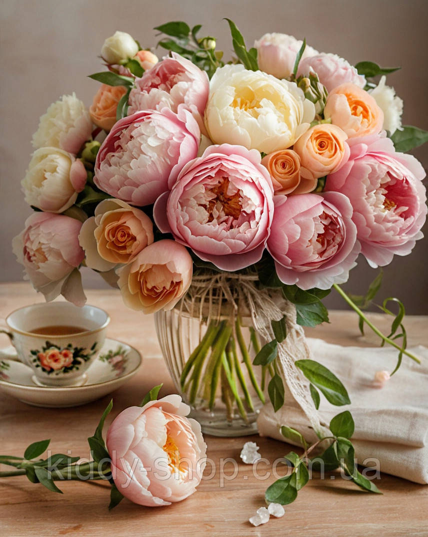 Діамантова вишивка. Картина на підрамнику "Дачні півонії", 40х50см, круглі стрази, фото 1