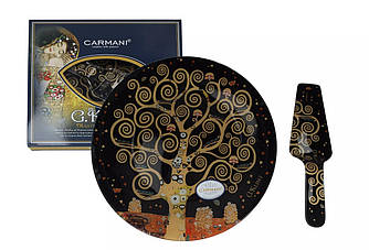 Скляна тарілка для торта з лопаткою Г. Клімт Поцілунок Carmani, d-30 см