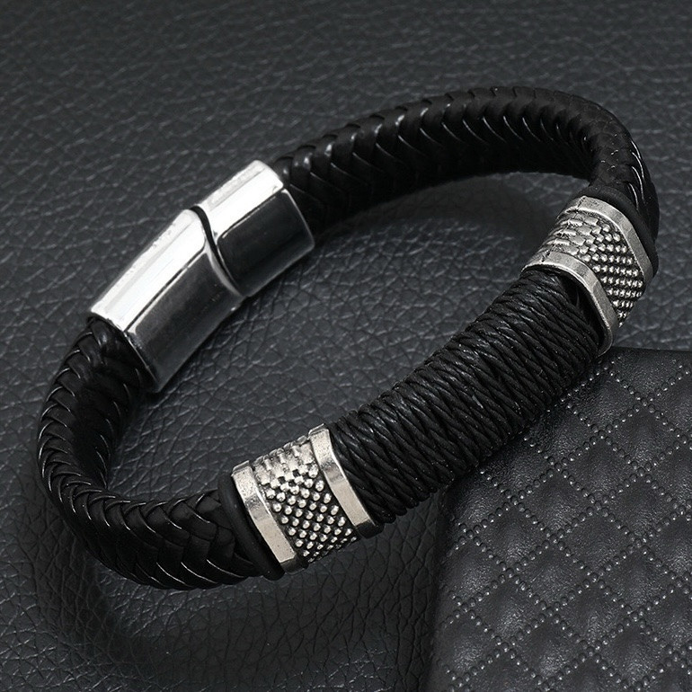 Чоловічий браслет чорний шкіряний плетений зі сріблястою вставкою Stainless Steel довжина 21 см ширина 12 мм