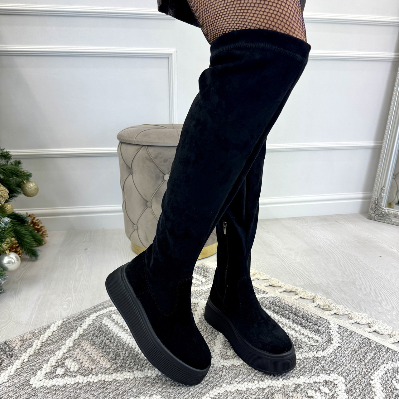 Ботфорти панчохи жіночі замшеві. Колір чорний, фото 1