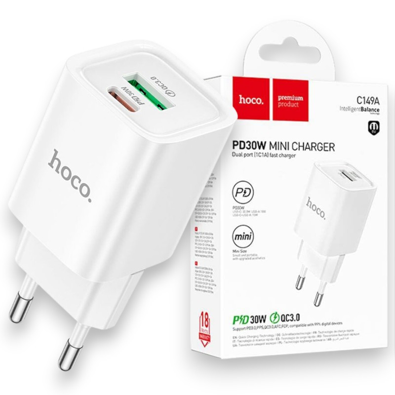 Мережевий зарядний пристрій з швидкою зарядкою МЗП блок Hoco C149A QC3.0+ PD 30W, білий