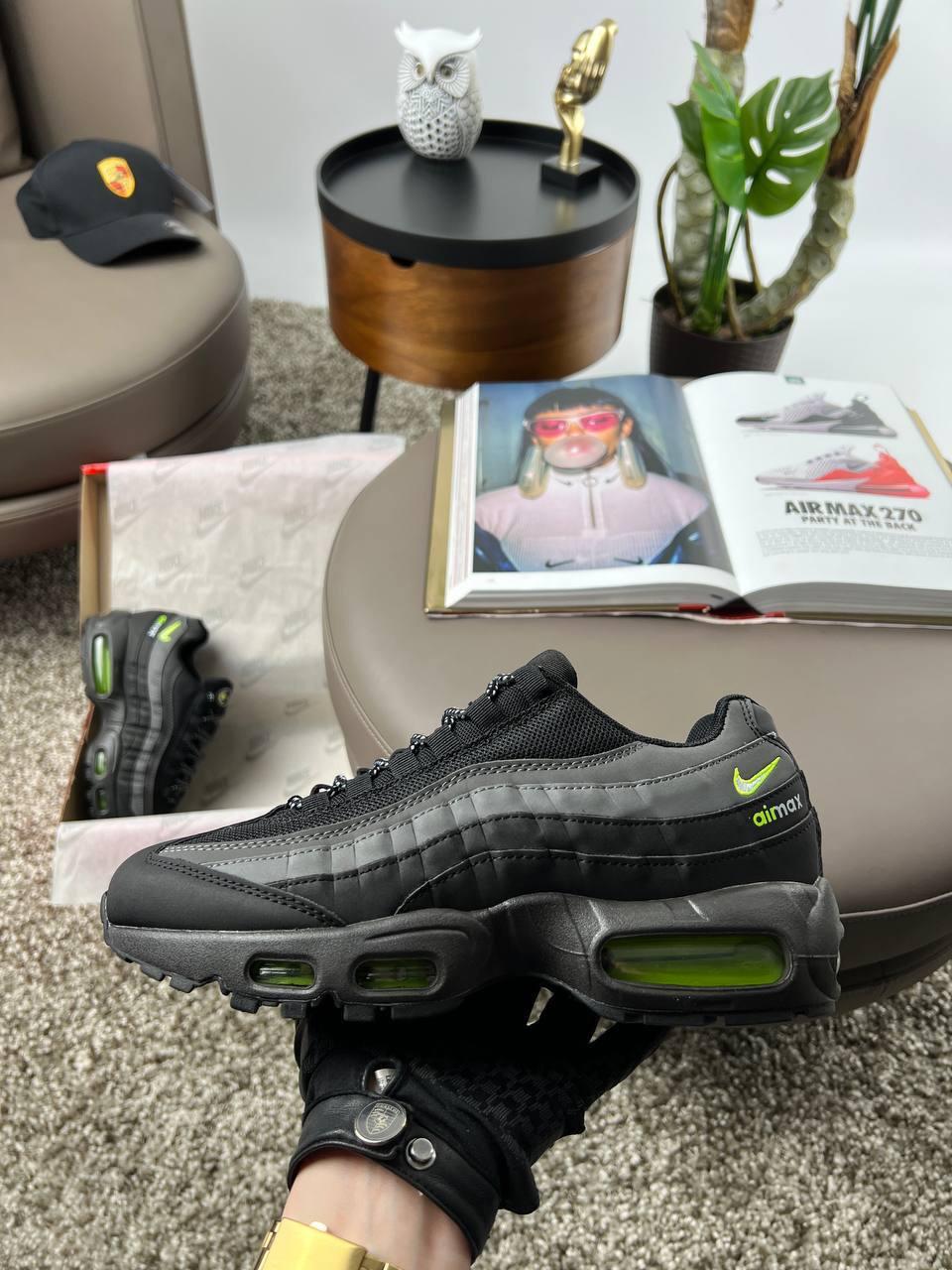 Чоловічі шкіряні текстиль кросівки Nike Air Max 95 Black Grey Green, кеди Найк чорні сірі. Чоловіче взуття