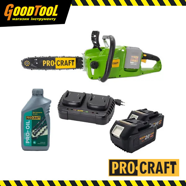 Акумуляторна ланцюгова пила Procraft PCA40/2 + 2 АКБ (20В 4 А/г) + Подвійний зарядний пристрій