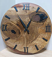 Круглий настінний годинник дизайнерський з епоксидної смоли та дерева чорний римський циферблат 37 см