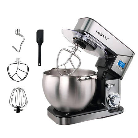 Стаціонарний міксер тістоміс Sokany SC-623E з металевою чашею планетарне обертання 10л 2000Вт Срібний, фото 1