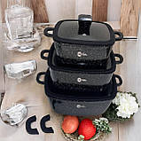 Каструлі чорні гранітні квадратні Higher Kitchen каструлі з силіконовими кришками набір посуду 8 предметів, фото 3