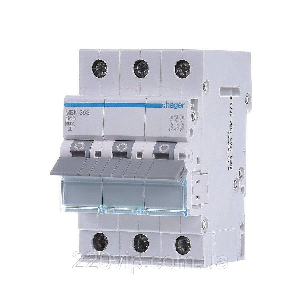 Автоматичний вимикач HAGER триполюсний 3P 63А B, MB363A, Хагер модульний автомат для щитів і боксів, фото 1