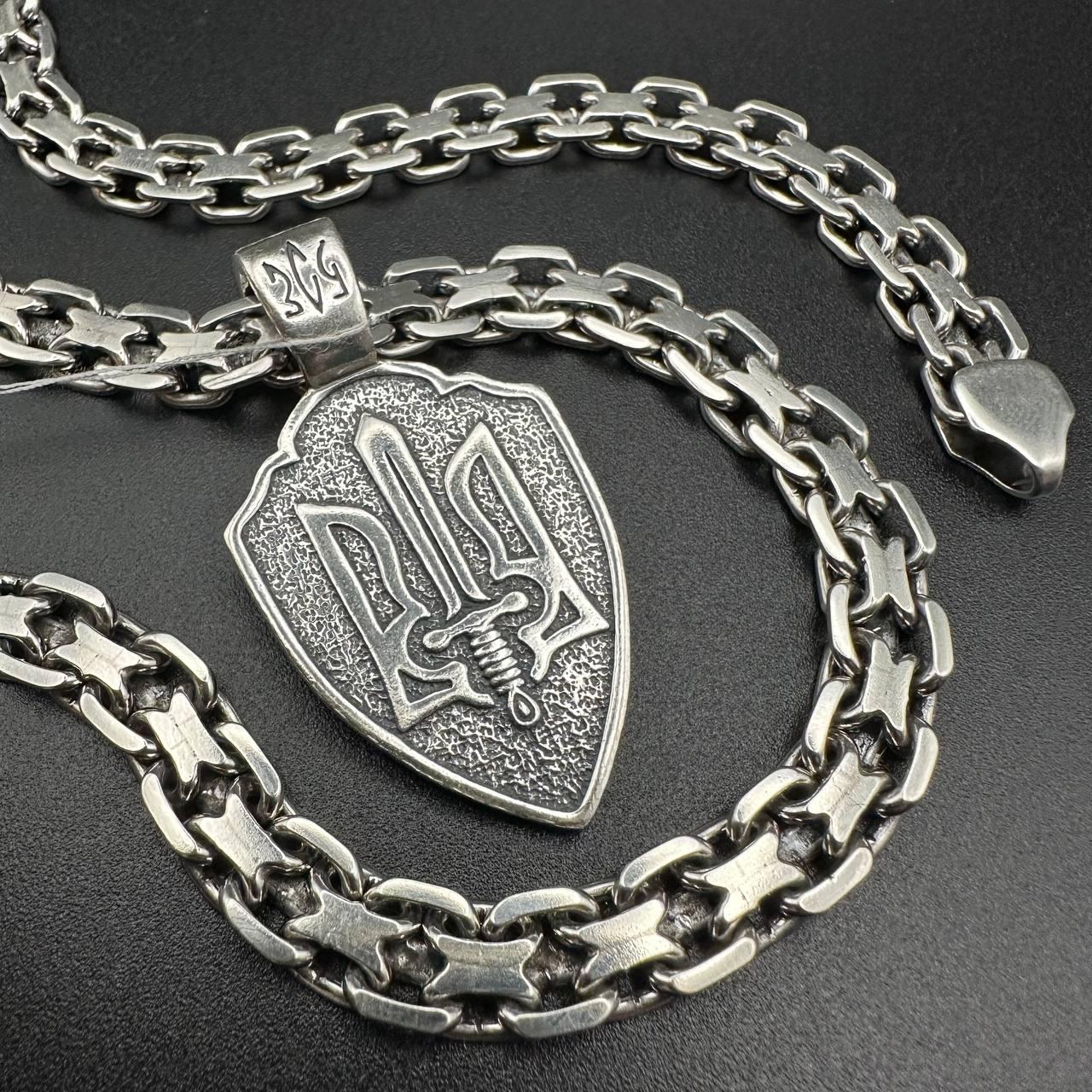 Чоловічий комплект кулон ЗСУ із подвійним якірним ланцюжком срібло 925 проби чорніння