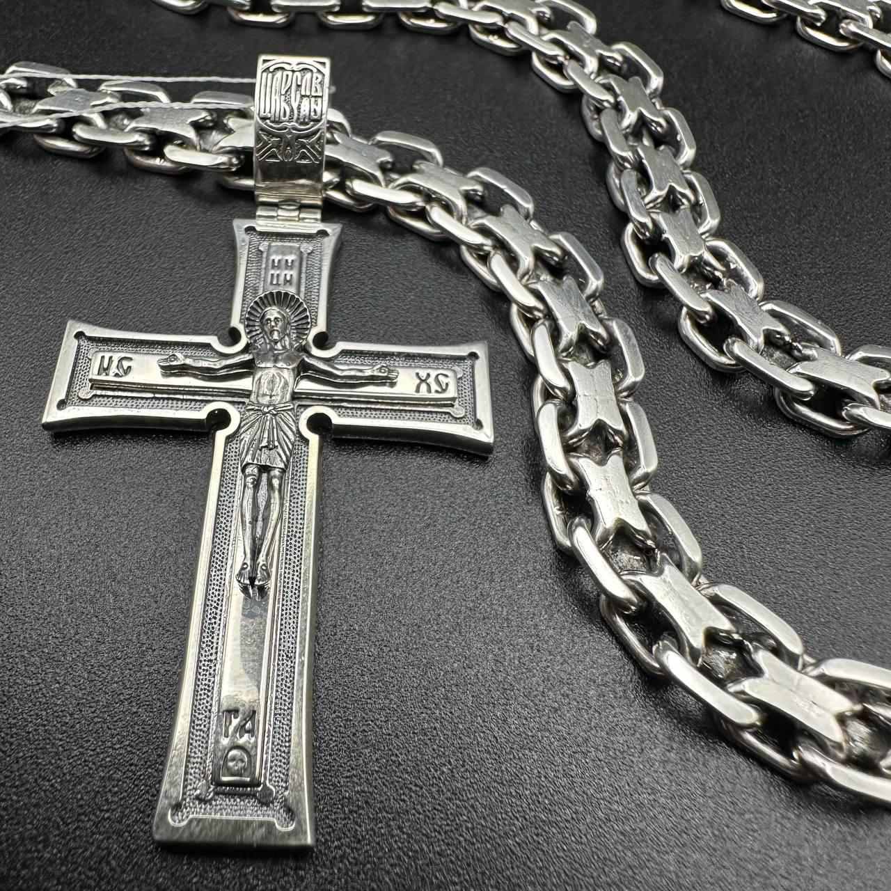 Чоловічий комплект православний хрест із подвійним якірним ланцюжком срібло 925 проби чорніння