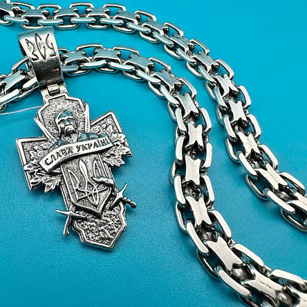 Чоловічий комплект кулон Козак-Характерник із якірним ланцюжком срібло 925 проби чорніння, фото 1
