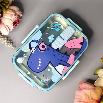 Дитячий ланч-бокс герметичний прямокутний з роздільником та приборами “Dino”