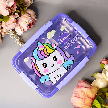 Дитячий ланч-бокс герметичний прямокутний з роздільником та приборами “Unicorn”