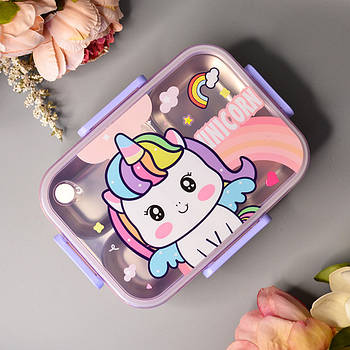 Дитячий ланч-бокс герметичний прямокутний з роздільником та приборами “Unicorn”