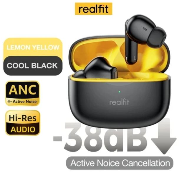 Бездротові навушники Realfit F3, Bluetooth 5.4, активне шумоподавлення 38dB ,4 мікрофони, Чорно-жовті