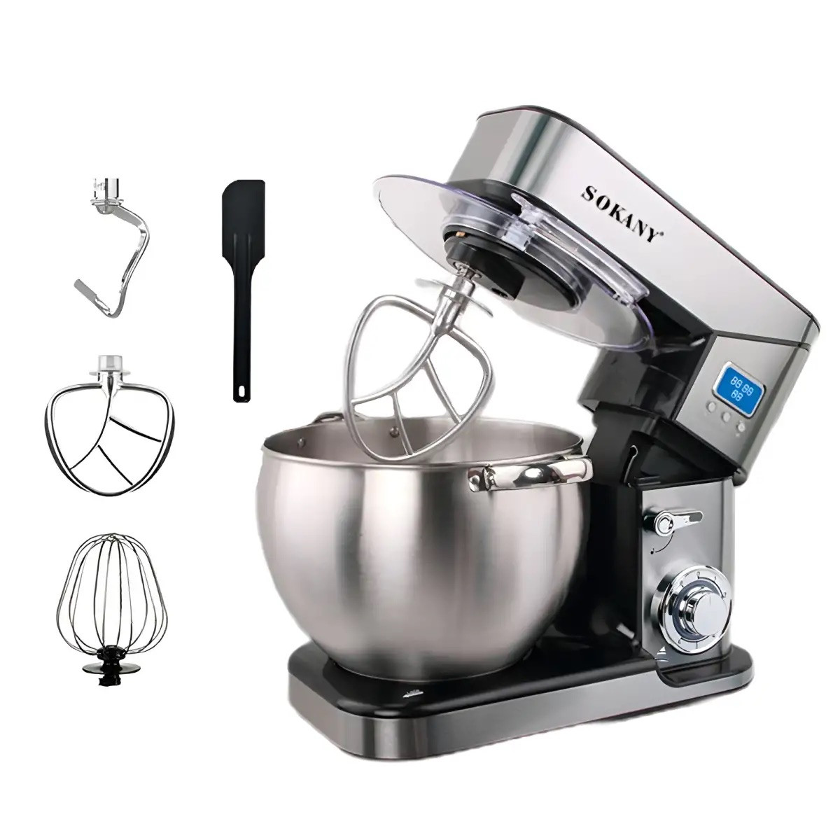 Стаціонарний міксер тістоміс Sokany SC-623E з металевою чашею планетарне обертання 10 л 2000 Вт Срібний, фото 1