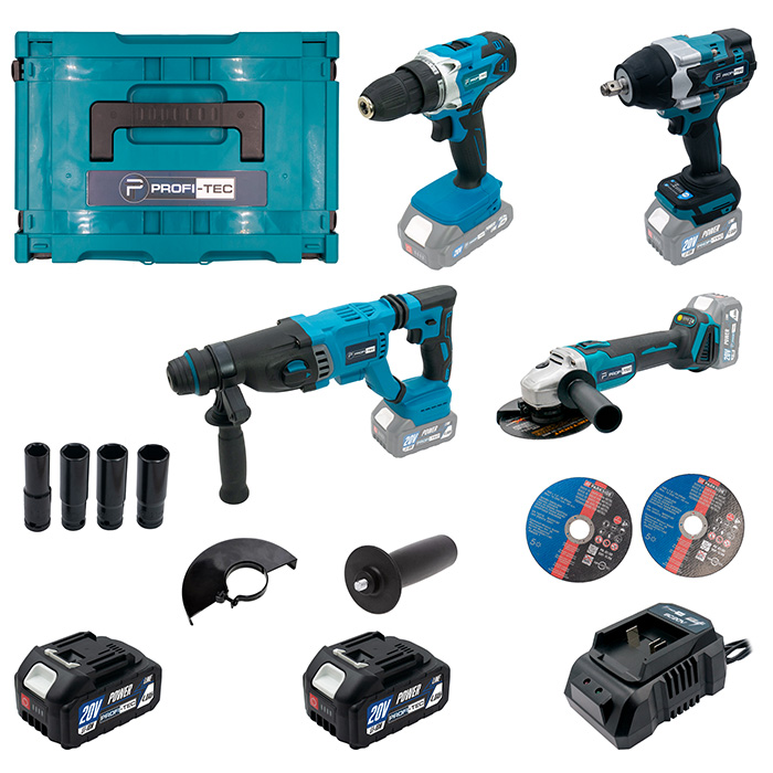 Акумуляторний набір інструментів PROFI-TEC Combo Set 4/4 POWERLine : з АКБ 2шт-20V 4.0Ач+ЗП