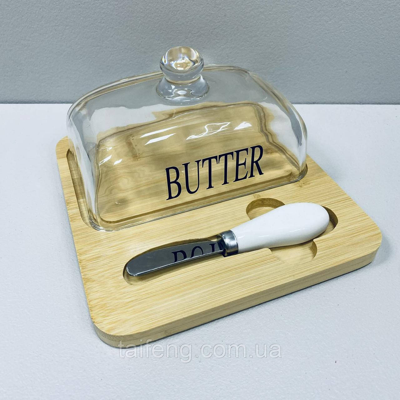 Маслянка скляна на бамбуковій підставці з ножем "Butter" A-Plus 7345