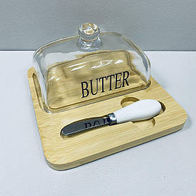 Маслянка скляна на бамбуковій підставці з ножем "Butter" A-Plus 7345, фото 1