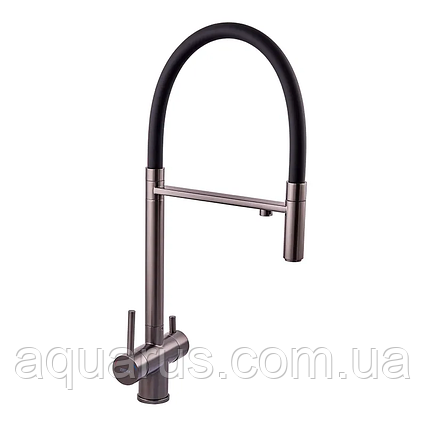 Змішувач для кухні з гнучким виливом на дві води Zerix KIT-021 Graphite REFL.Black з нерж. сталі (ZX5559), фото 1