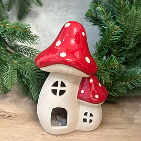 Керамічний будиночок Гриб з LED підсвічуванням, 12.6*10*19.5см, колір - бежевий із червоним
