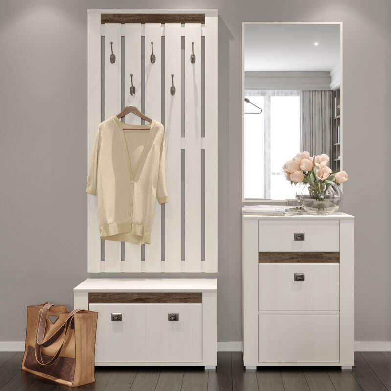 Сучасний відкритий модульний передпокій з дзеркалом тумбою для взуття вішалкою з гачками в коридор 146 см ЛДСП Селена