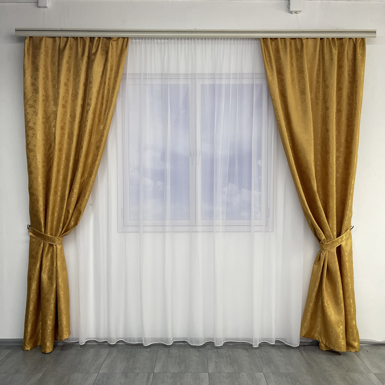 Штори жакардові "пісок" золотисті з білим шифоновим тюлем ALBO (SHTN-C33-9), фото 1