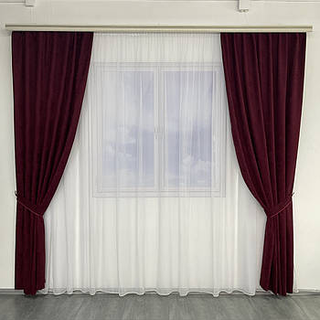 Штори для залу готові Бордові однотонні з мікровелюру з шифоновим тюлем на тасьмі (SHTN-Petek-T-198)