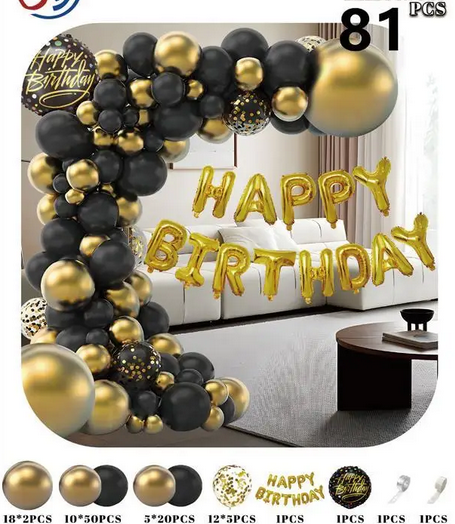 Готова фотозона "Happy Birthday, чорна з золотим", 81 шт.