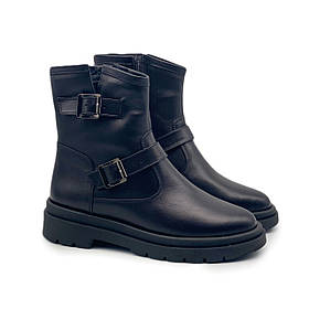 Черевики зимові жіночі зі шкіри чорного кольору з 2-ма пряжками та блискавкою «Style Shoes»