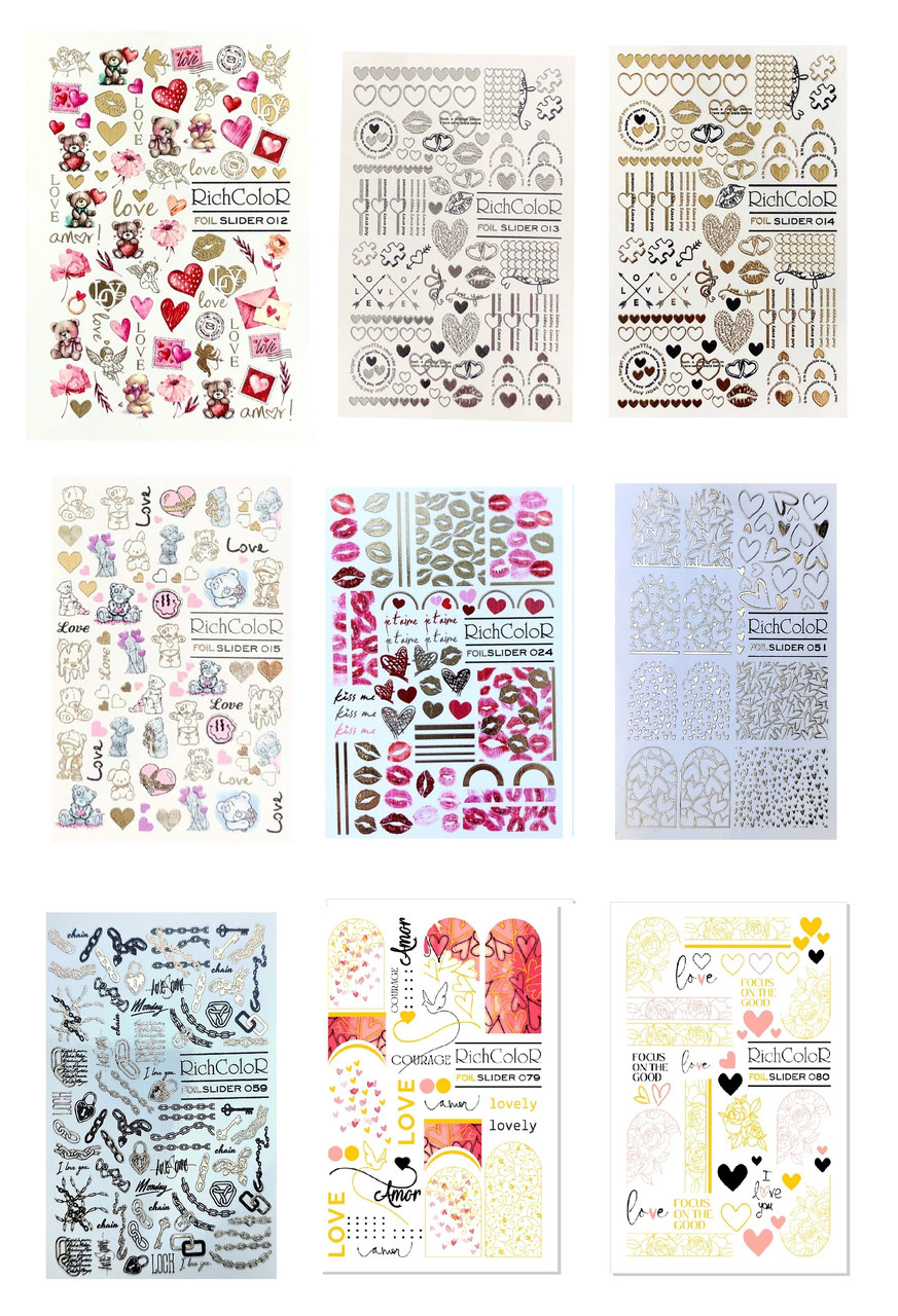 Фольгований слайдер дизайн до дня закоханих, 8 березня, серця, кохання, набір 9шт. різних