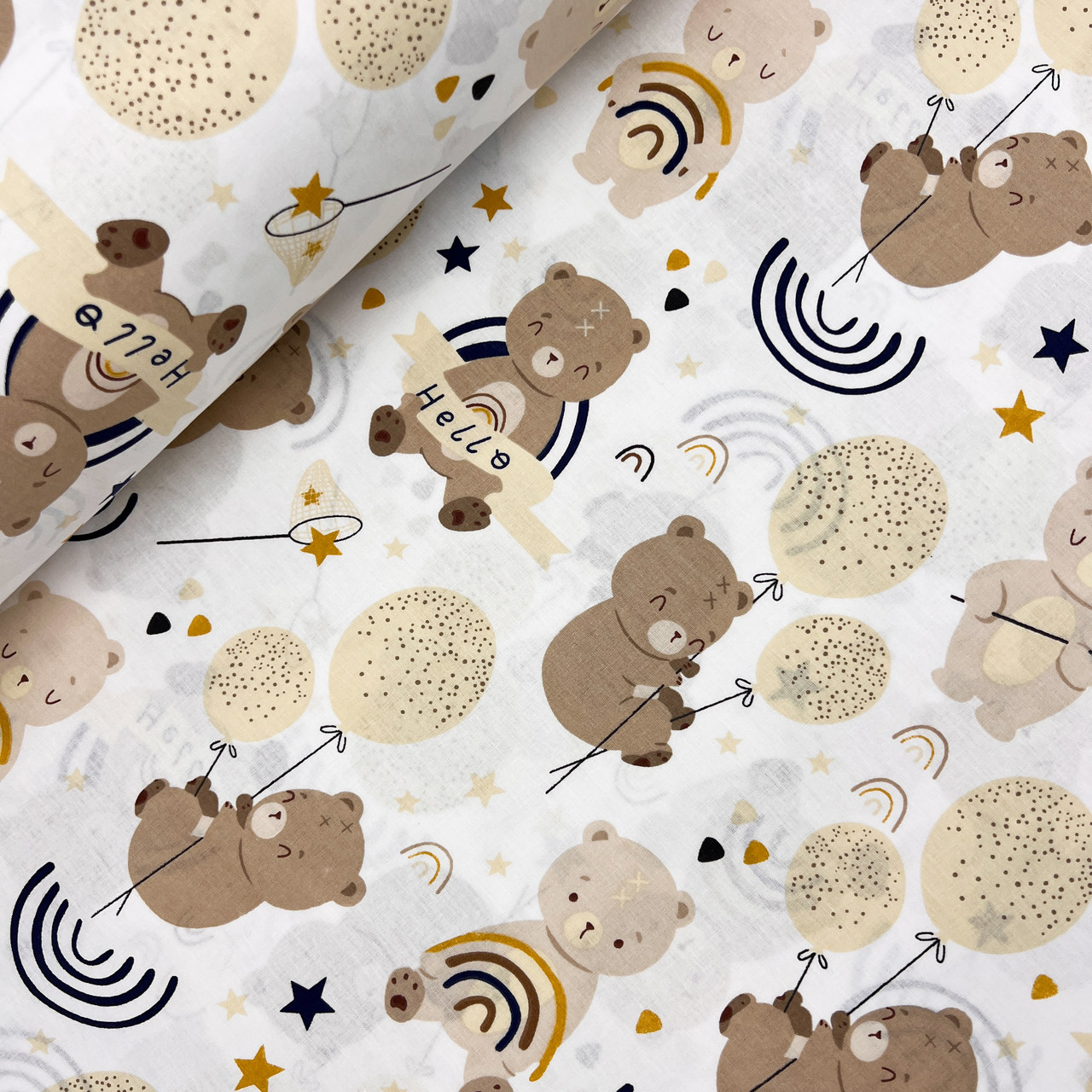 Турецька бавовняна тканина ранфорс "Бежеві ведмедики з повітряними кулями та веселками" 240 см, фото 1